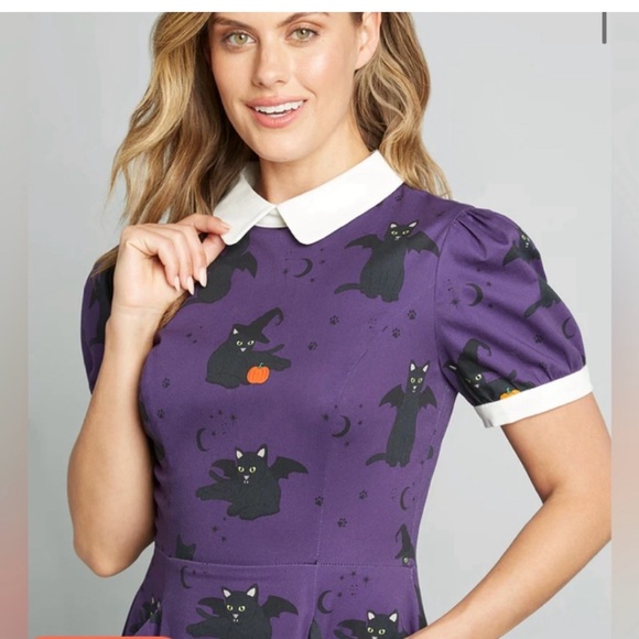 ModCloth Halloween Purple Cats Bats Pumpkins, Vampires A-Line Dress - Picture 2 of 9